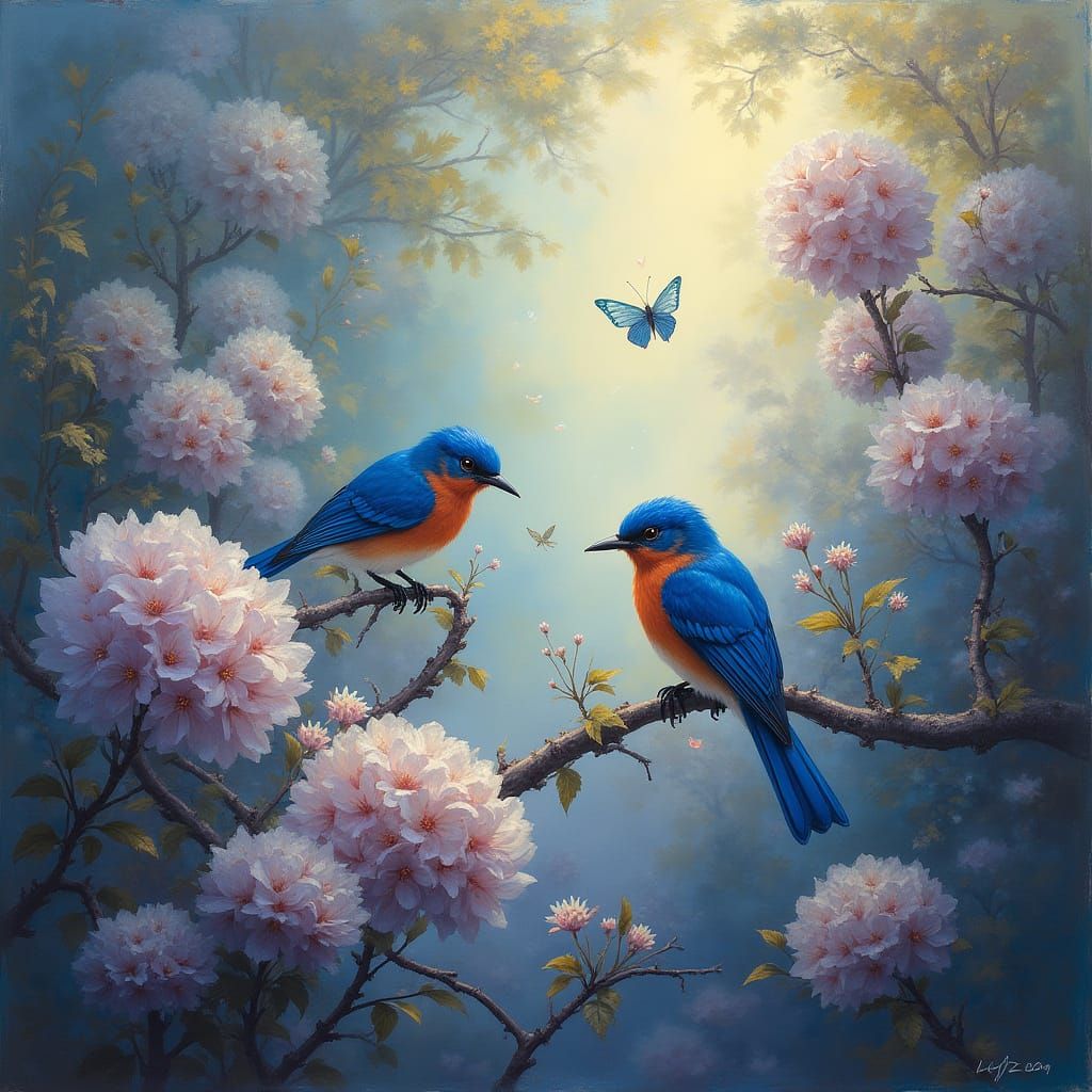 brilliant blue birds beautifully bask beneath big, blooming ...