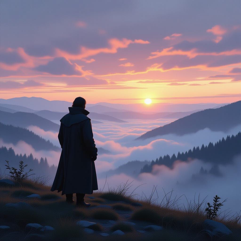 Lone Figure Overlooking Valley at Dawn