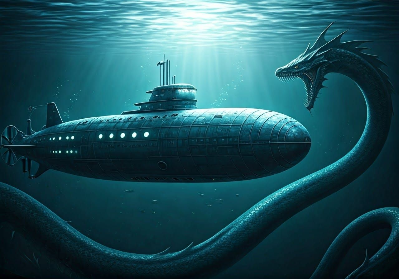 Cyberpunk Submarine Battles Sea Monster in Dark Depths