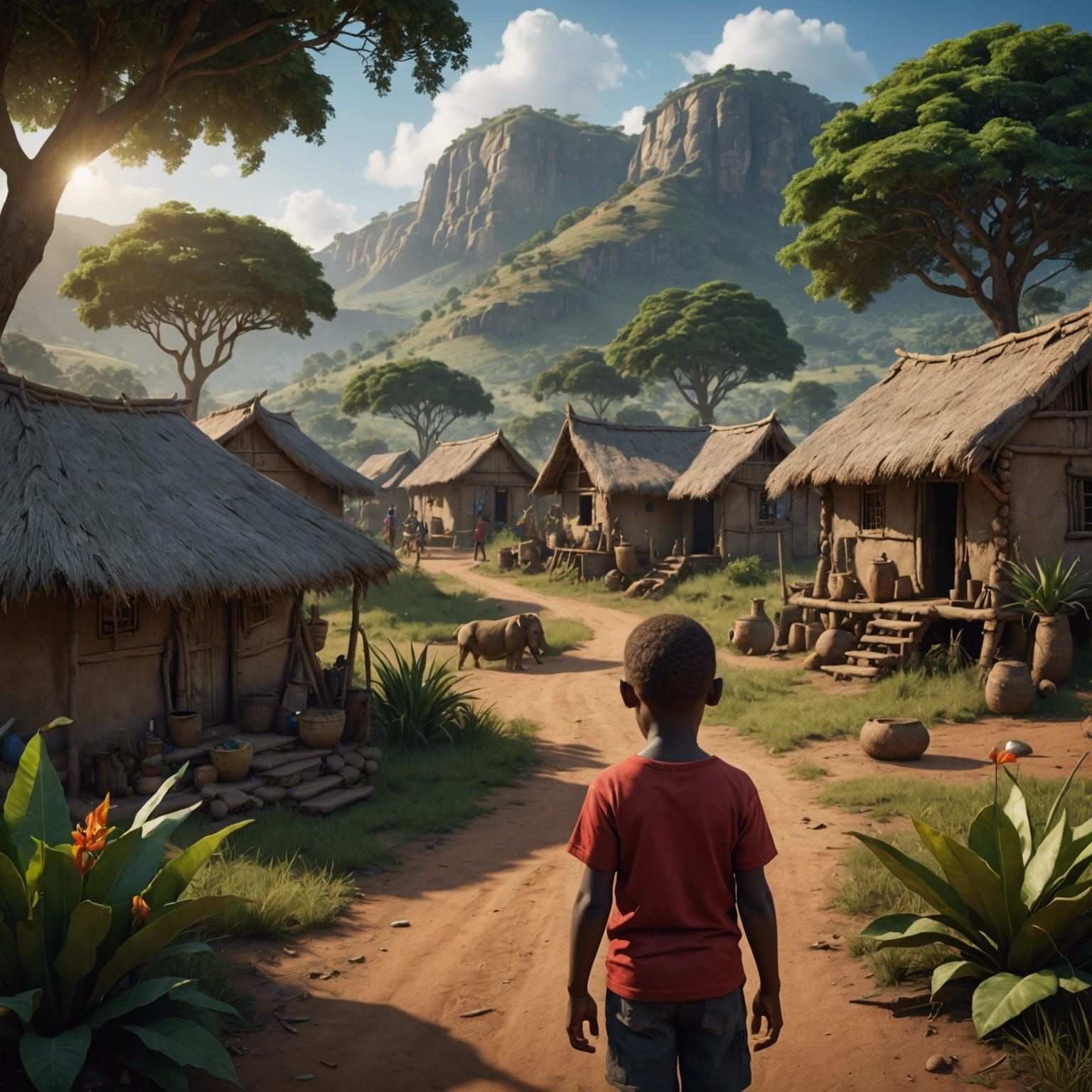 Photorealistic Eswatini Village with Happy Child