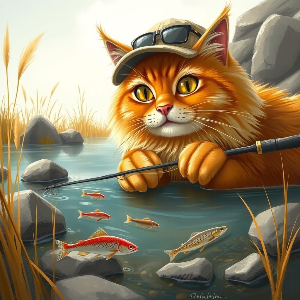 Fluffy Cat Fishing in Style of Bateman and Doolittle