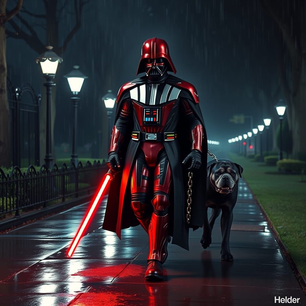 Darth Vader in Cyberpunk Armor, Walking a Fierce Dog Under D...