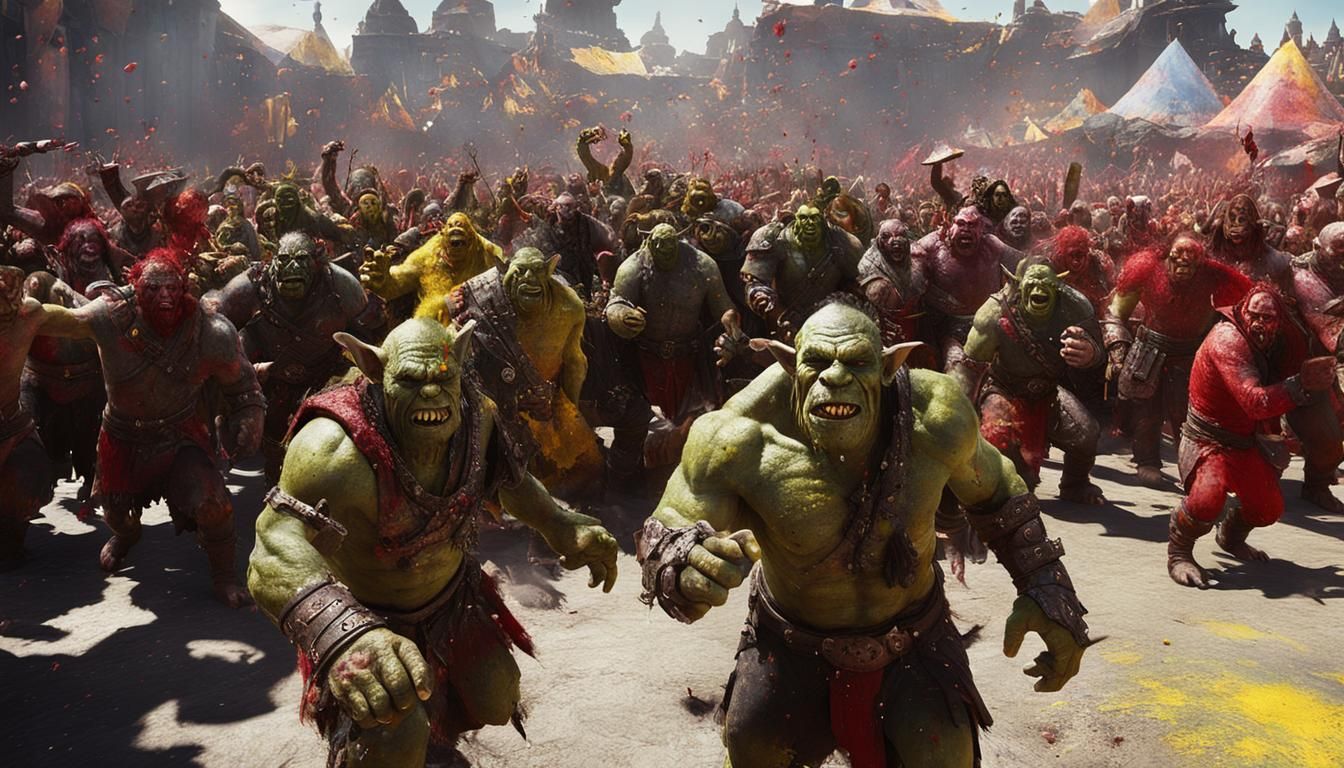 Orcs Celebrate Holi Festival in Hyperrealistic Painting