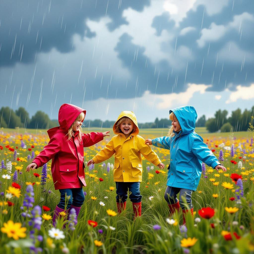 Children Play in Rainy Wildflower Field, Digital Matte Paint...