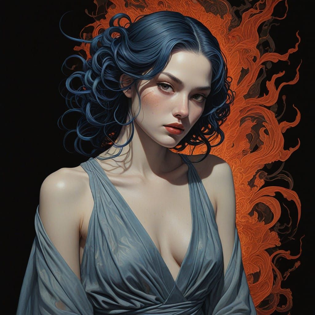 Surreal Goddess of the Underworld with Blue Fire Hair