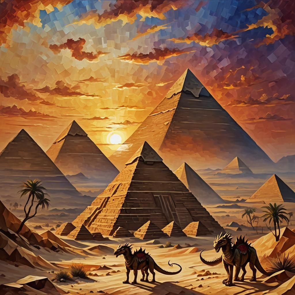 Pyramids with Dragon Silhouette in Impasto Style