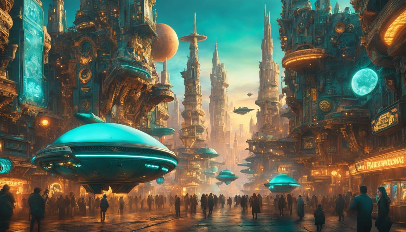Turquoise City with Starships: Digital Matte Painting