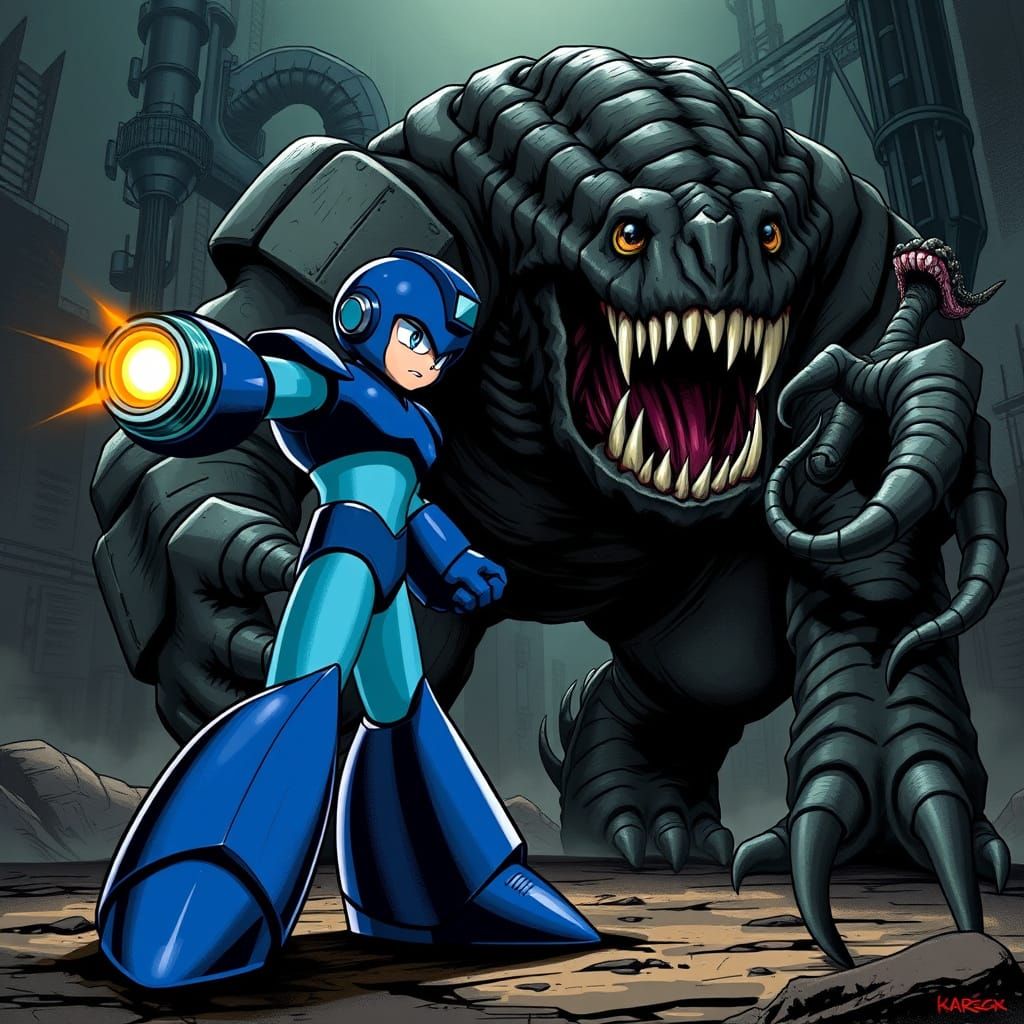 Mega Man Confronts Cov Beast in a Gritty Industrial Landscap...