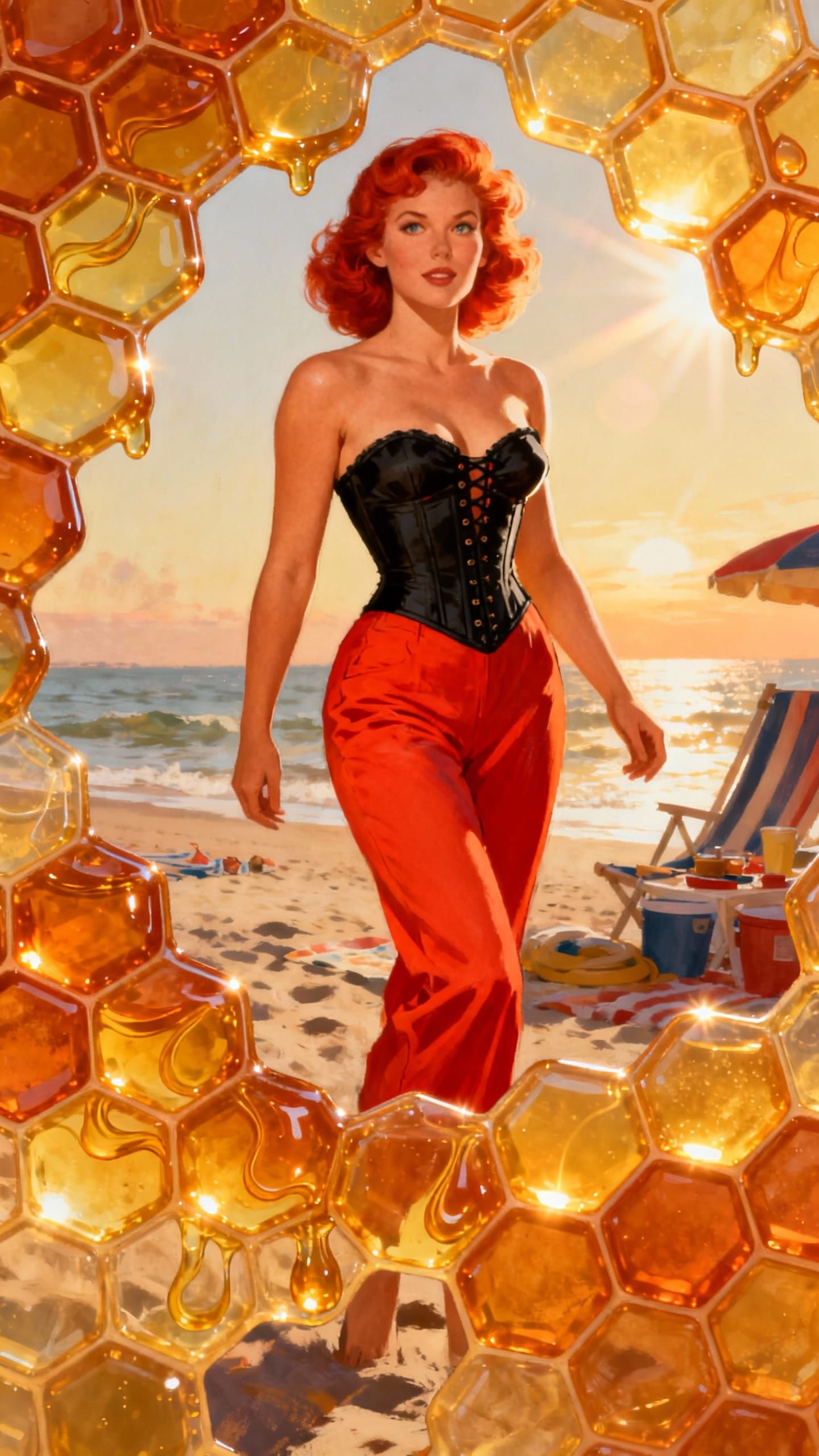 Redhead Pin-Up Woman with Honeycomb Pattern in Baywatch Styl...