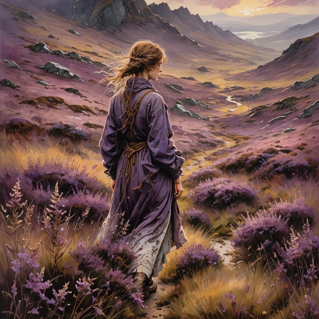 Walking along blooming, purple heather.