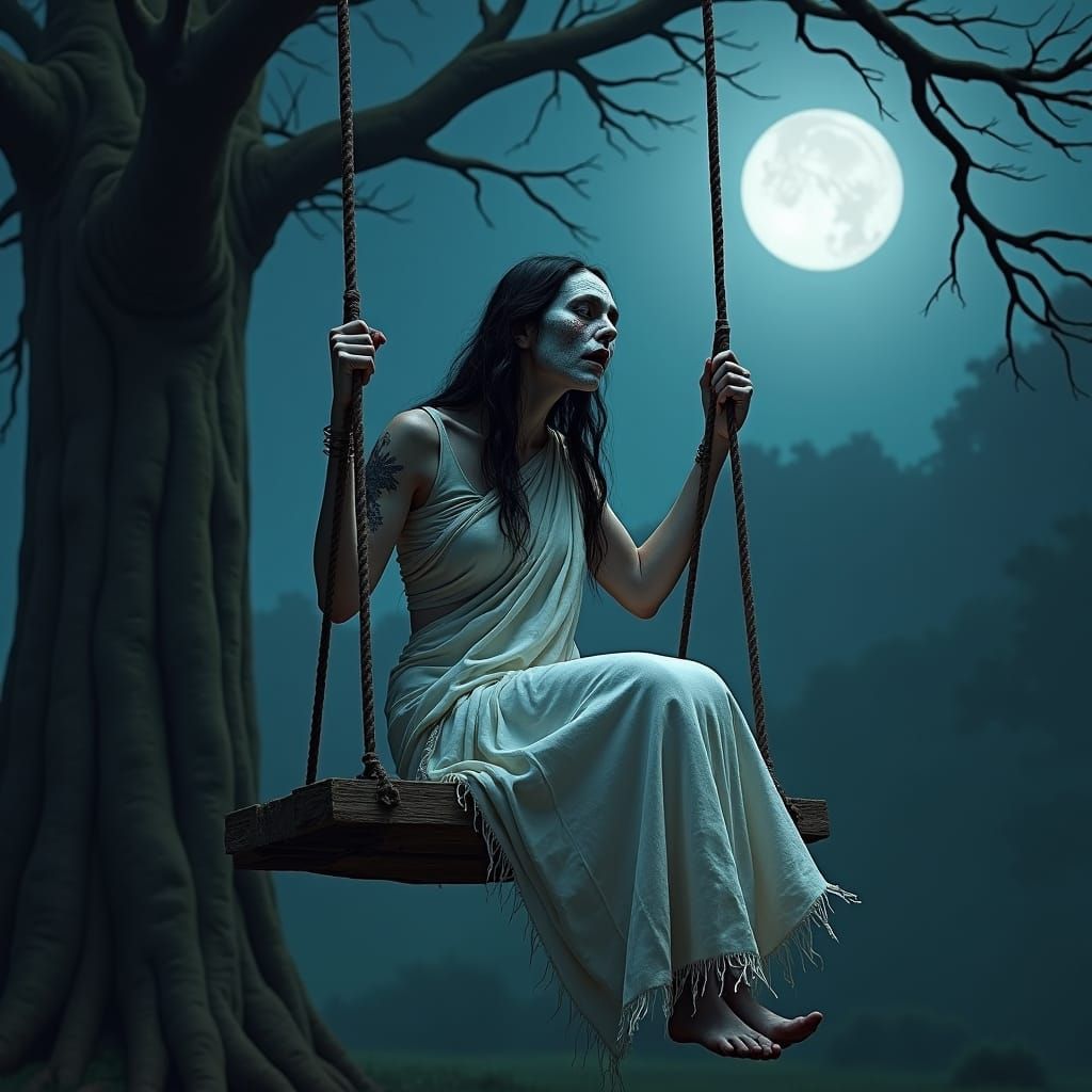 Eerie Indian Witch on Swing: Fantasy Concept Art