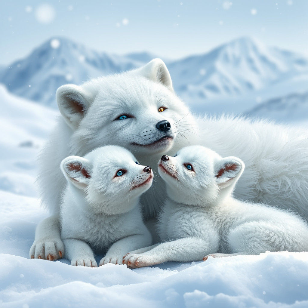 Arctic Fox Mother and Cub in Winter Snow