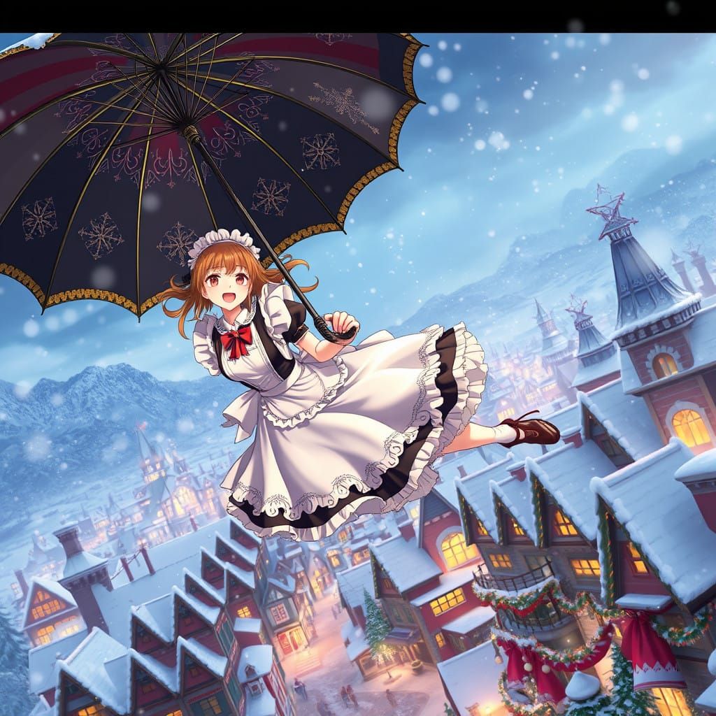 Victorian Maid Soars Through Whimsical Winter Wonderland in...