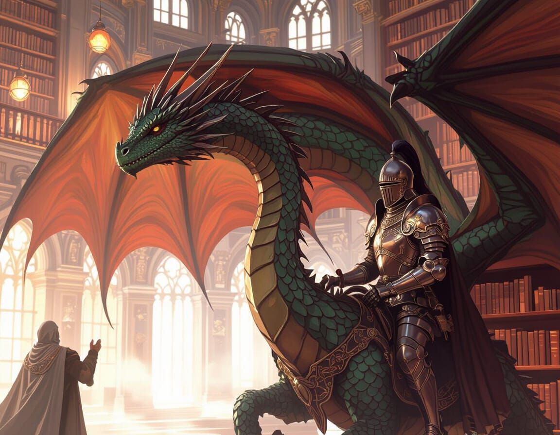 Knight Riding Dragon Through Library in Hyperrealistic Style