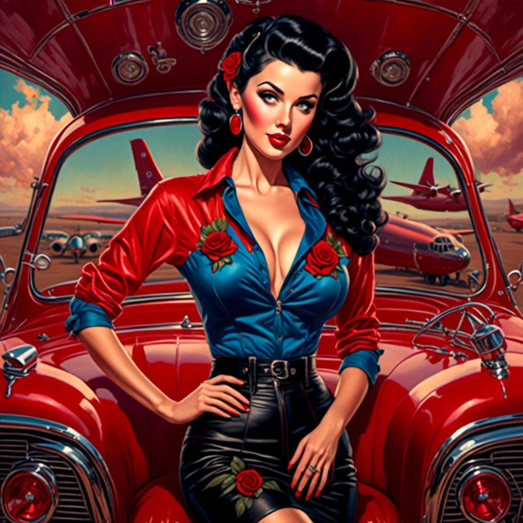 Retro Rockabilly B-52 Bomber Pinup Girl Logo