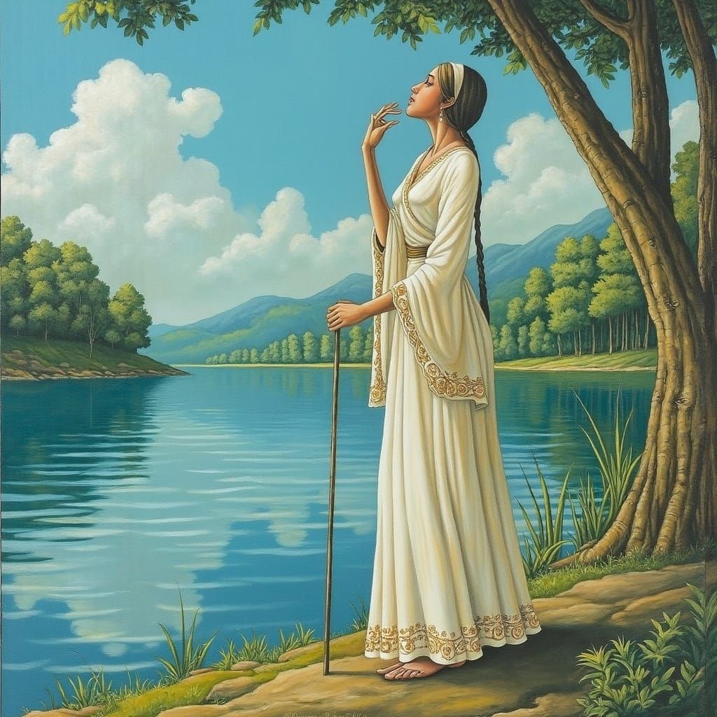 Contemplative Woman by Lake in Dreamy Surrealist Style