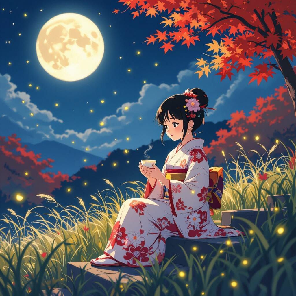 Girl in Kimono under Moon, Anime Style