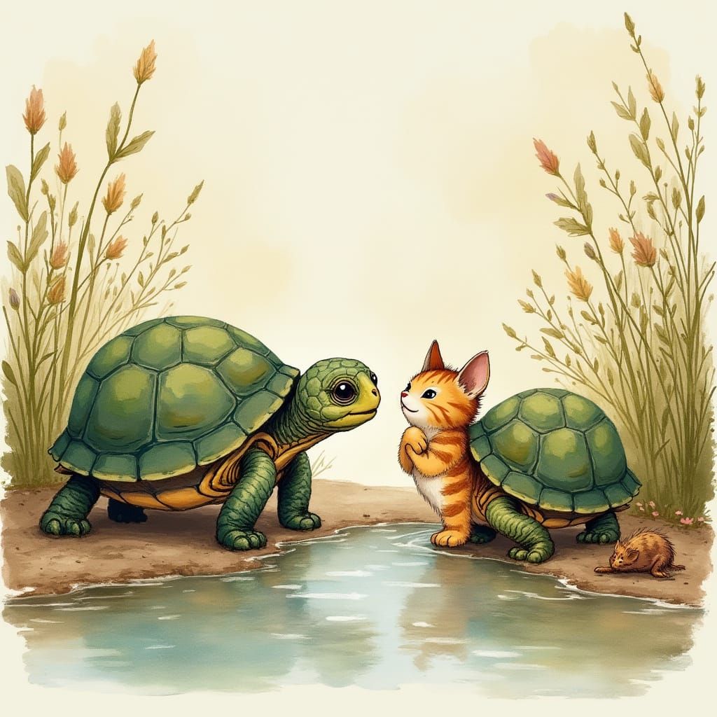 Turtles and Cat in Whimsical Watercolor Illustration