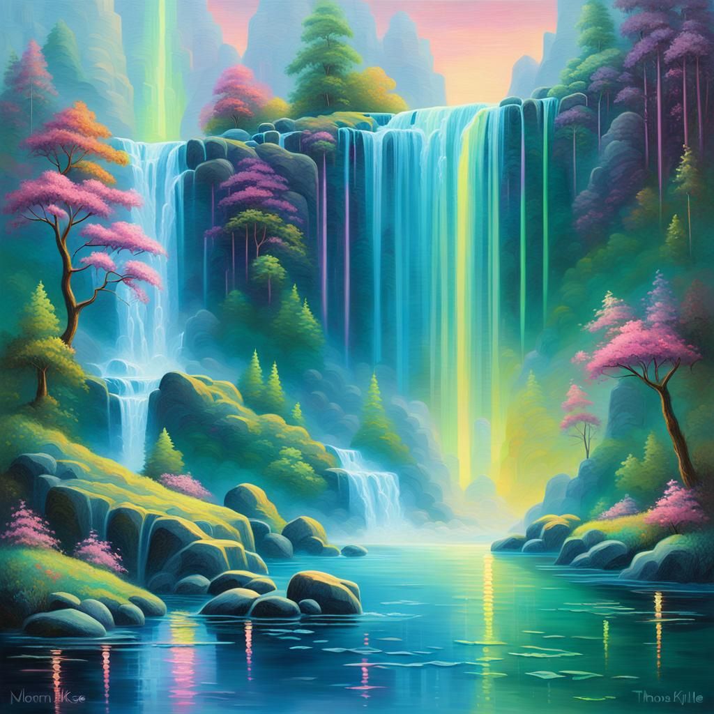 Neon Geometry Over Serene Waterfall, Pixel Art Style