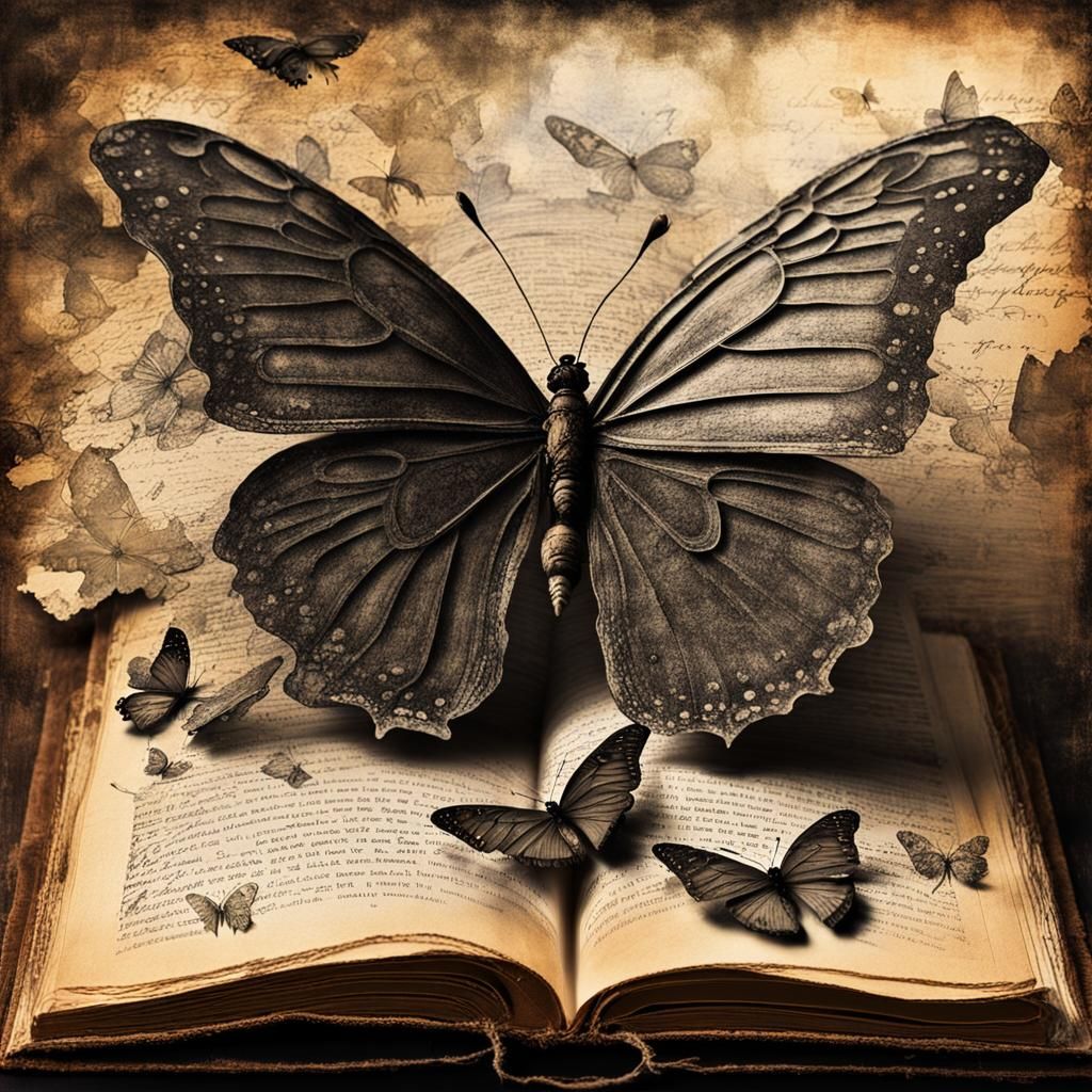 Dusty Book with Butterflies in Pen and Ink