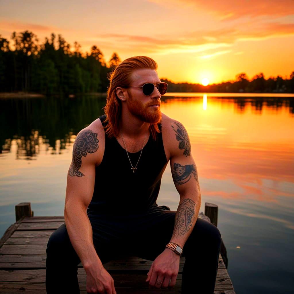 Ginger Man with Tattoos at Sunset Lake