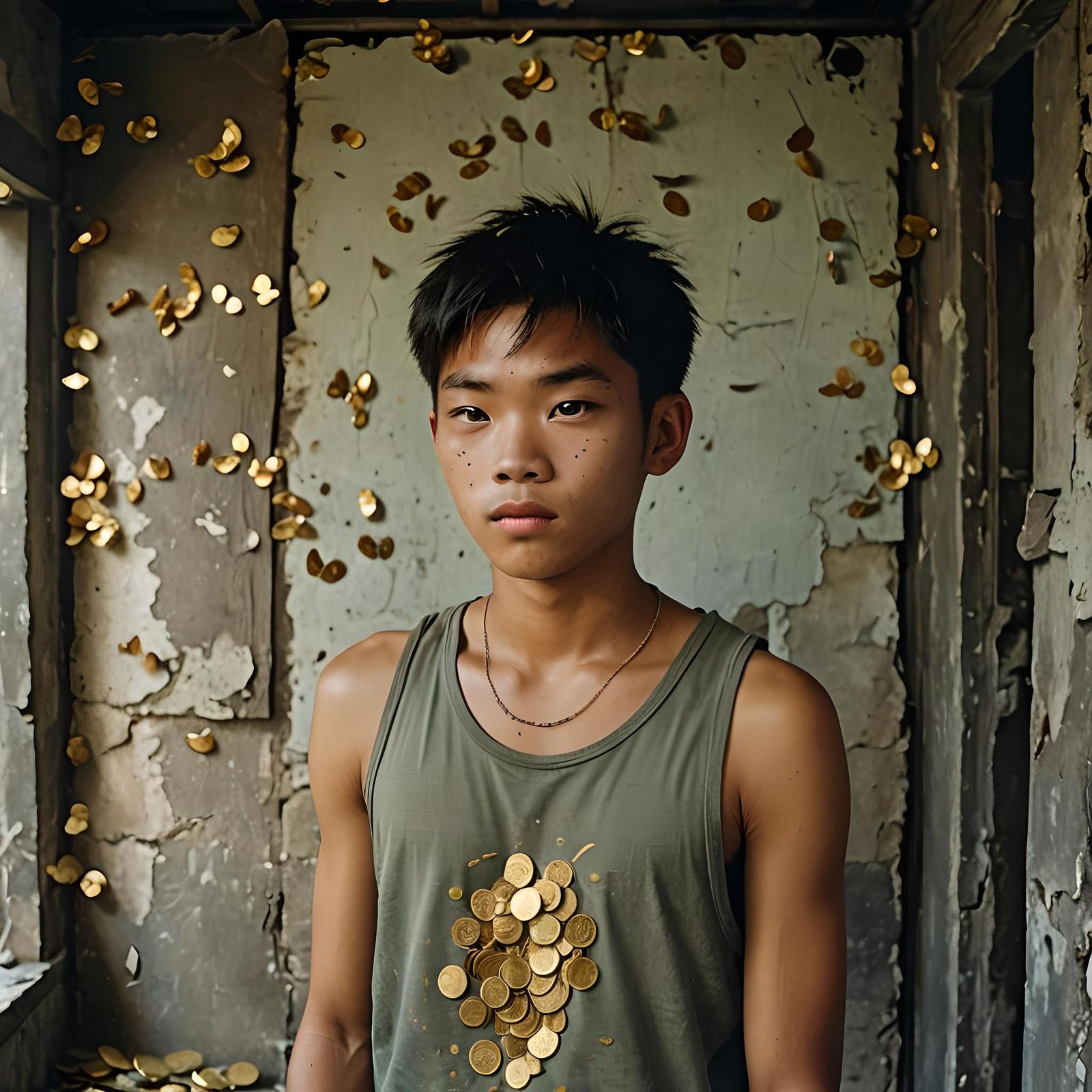 Happy Schoolboy Counting Gold Coins, Cinematic Style