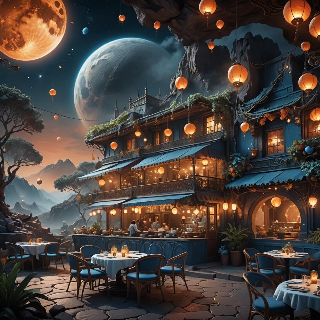 Mystical Lunar Cafe at Night: Fantasy Concept Art