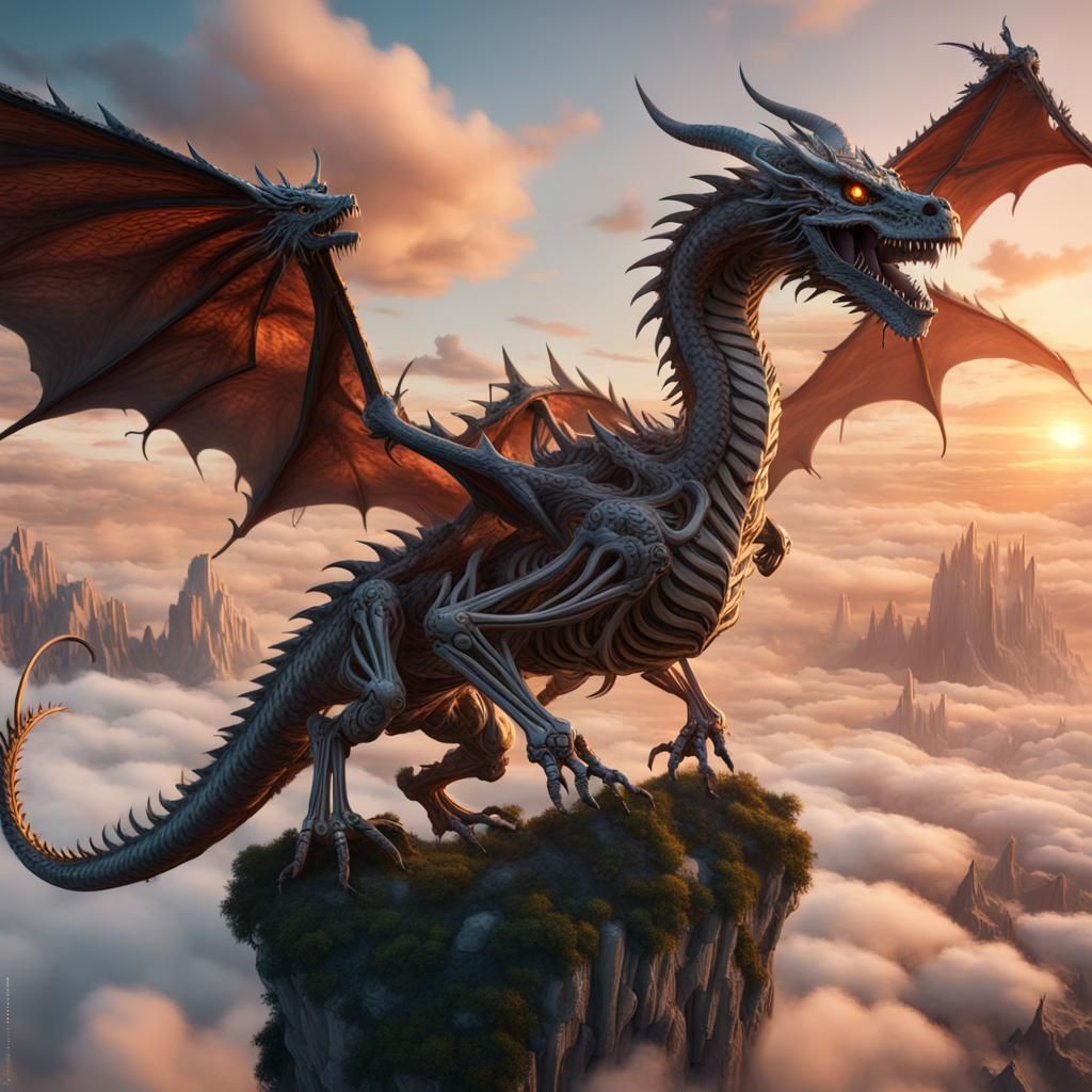 Skeleton Dragon Soaring at Sunset: Renaissance Fantasy