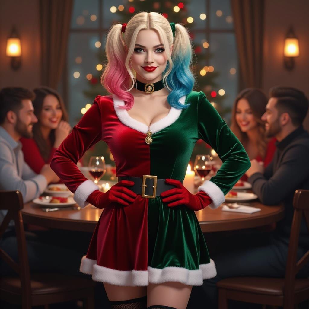 Harley Quinn in Velvet Christmas Dress at Party