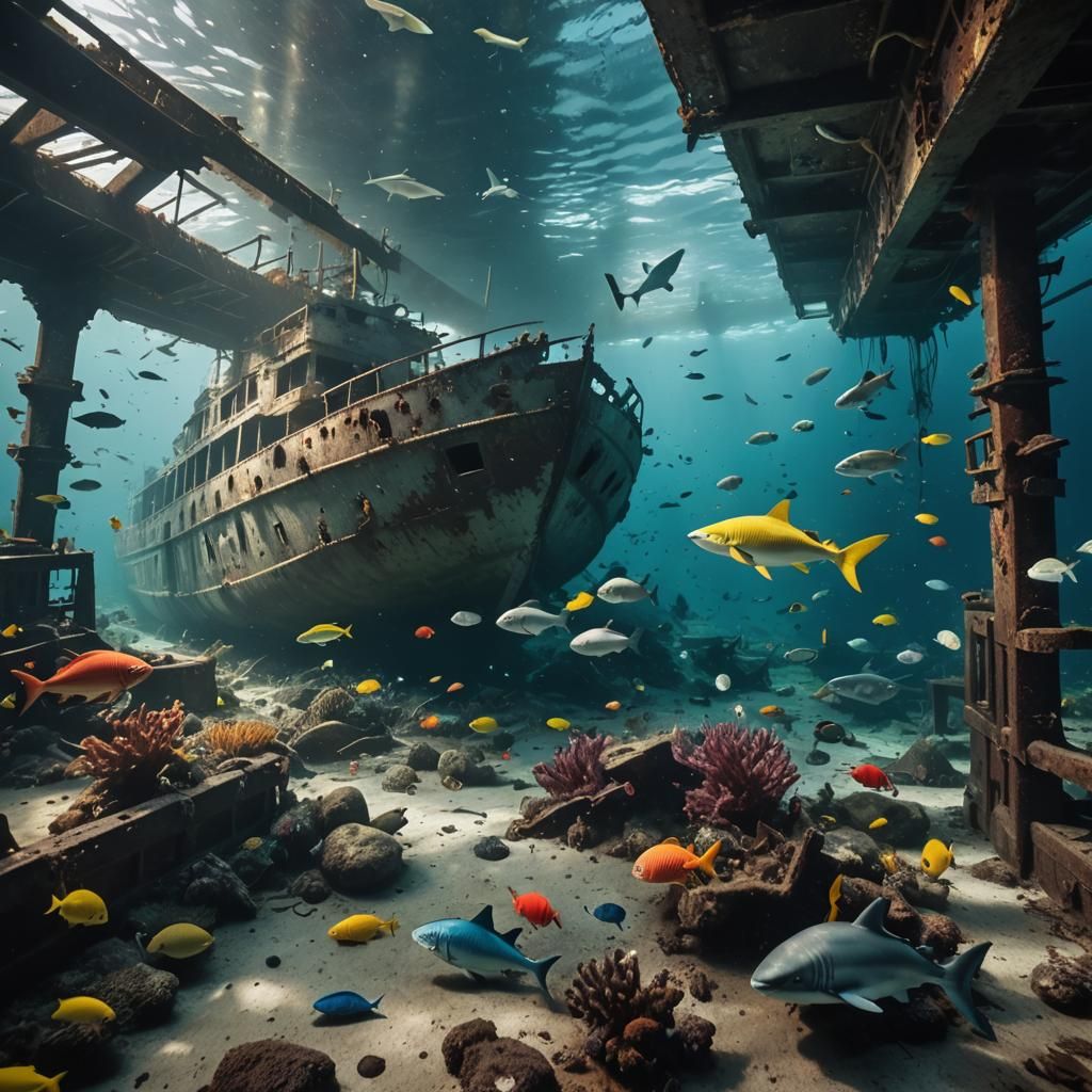 Underwater Shipwreck Scene with Sharks in Cinematic Style