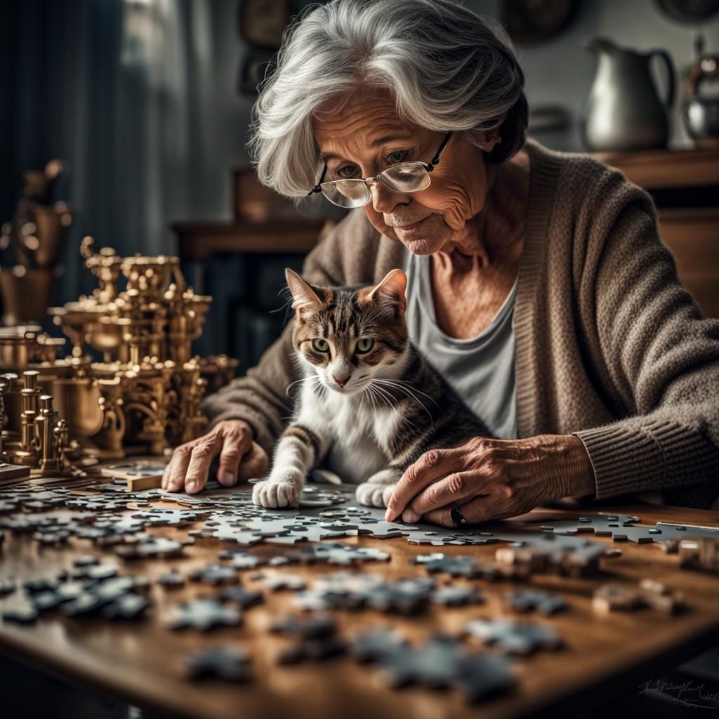Woman Doing Puzzle with Cat, Digital Art