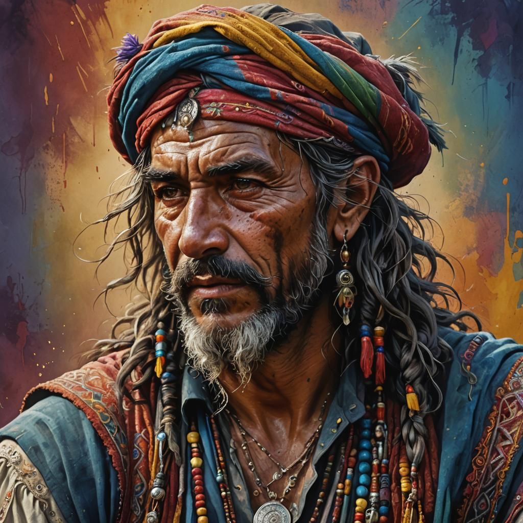 Hyperrealistic Portrait of a Roma Man in Splash Art Style