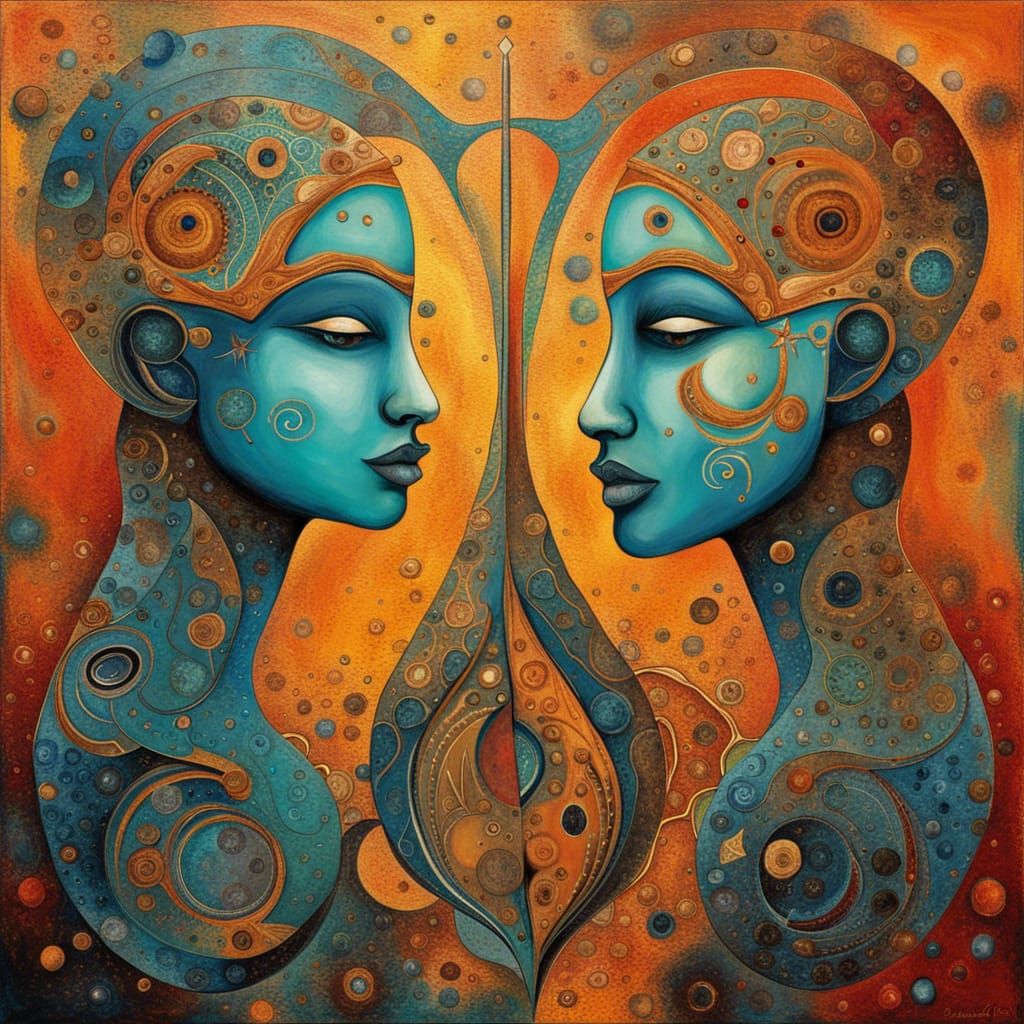 Abstract Zodiac Gemini Art in Complementary Colors