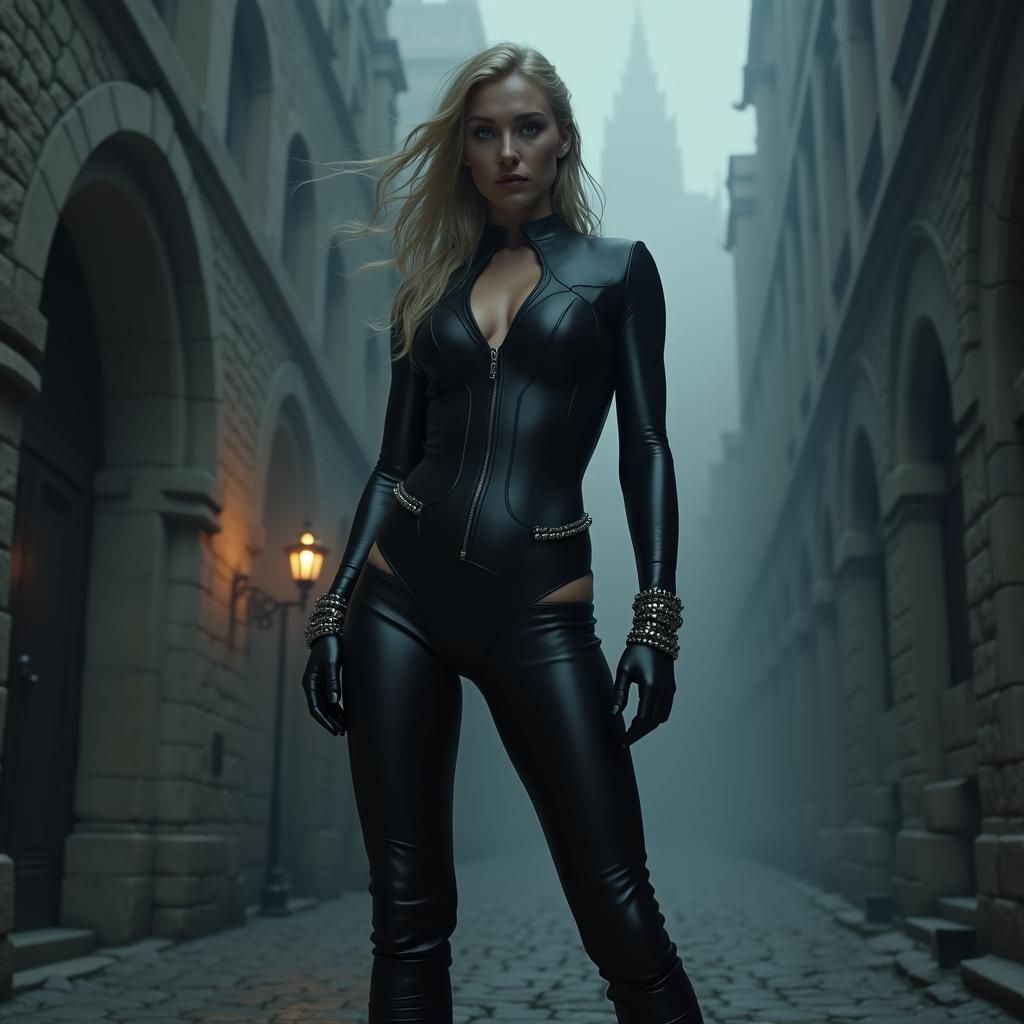 Gothic Vigilante in Leather Bodysuit, Fantasy Concept Art