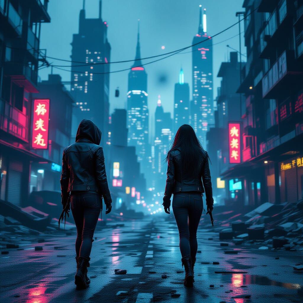 Cyberpunk Girl Navigates Ruined City with Lantern
