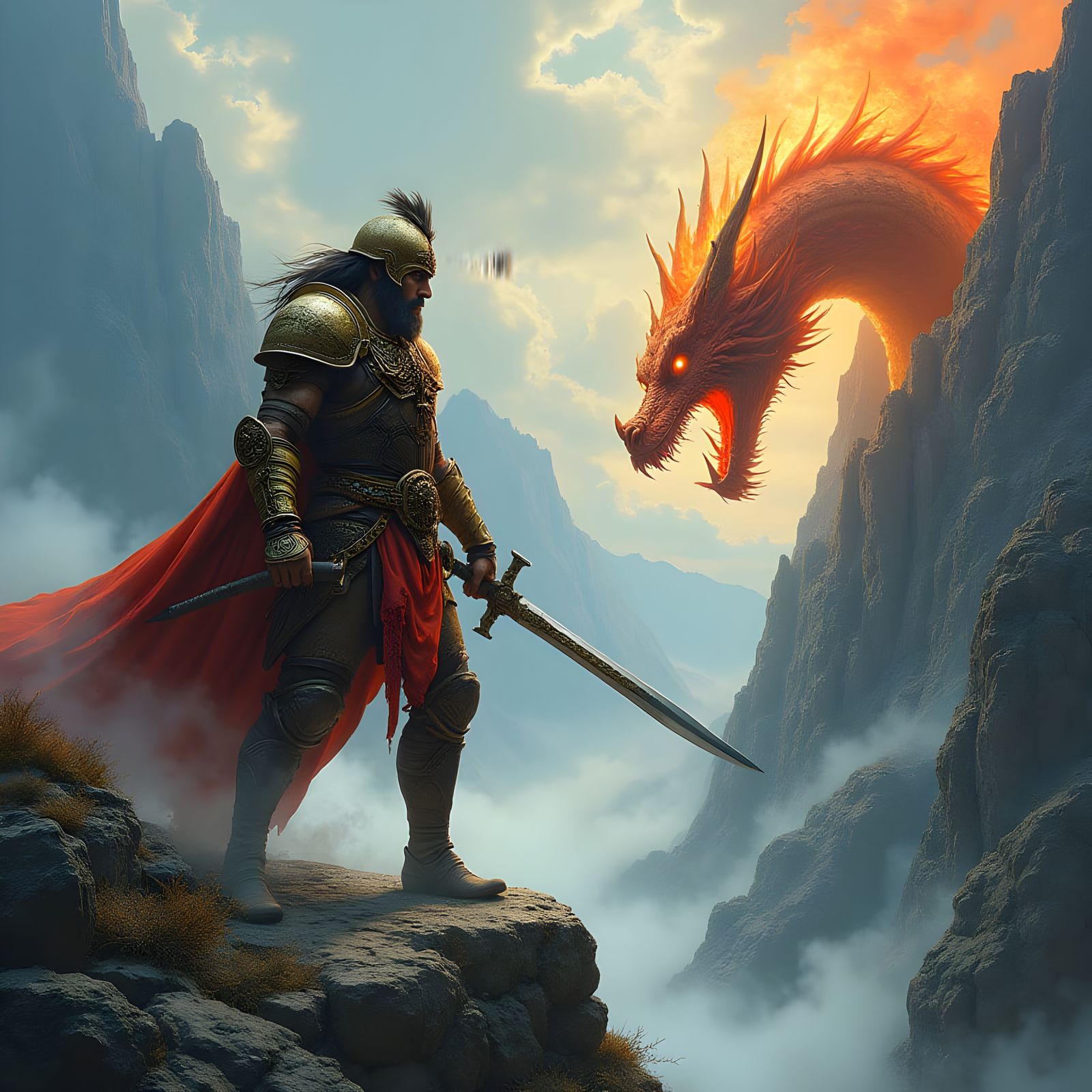Ancient Warrior Battles a Dragon