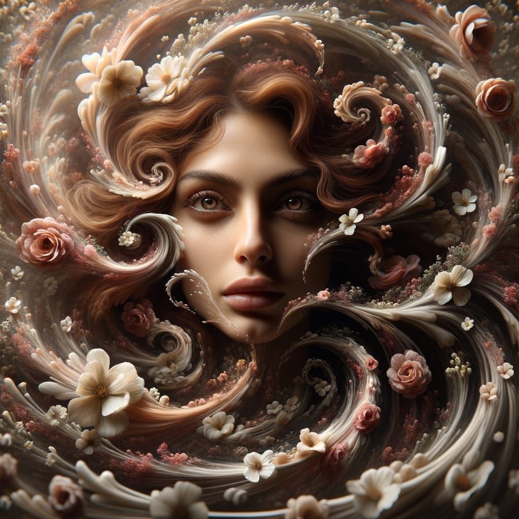 Woman Emerging from Blossom Vortex in Cinematic Style