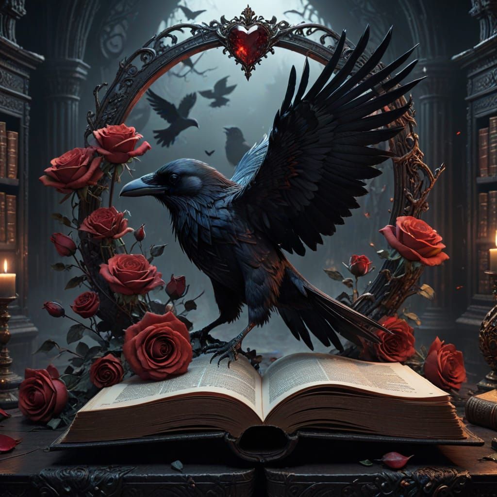 Dark Fantasy Raven Flies Over Gothic Open Book