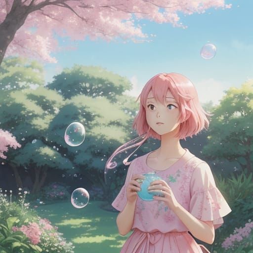 Vibrant Anime Garden Scene with Delicate Bubble Gum