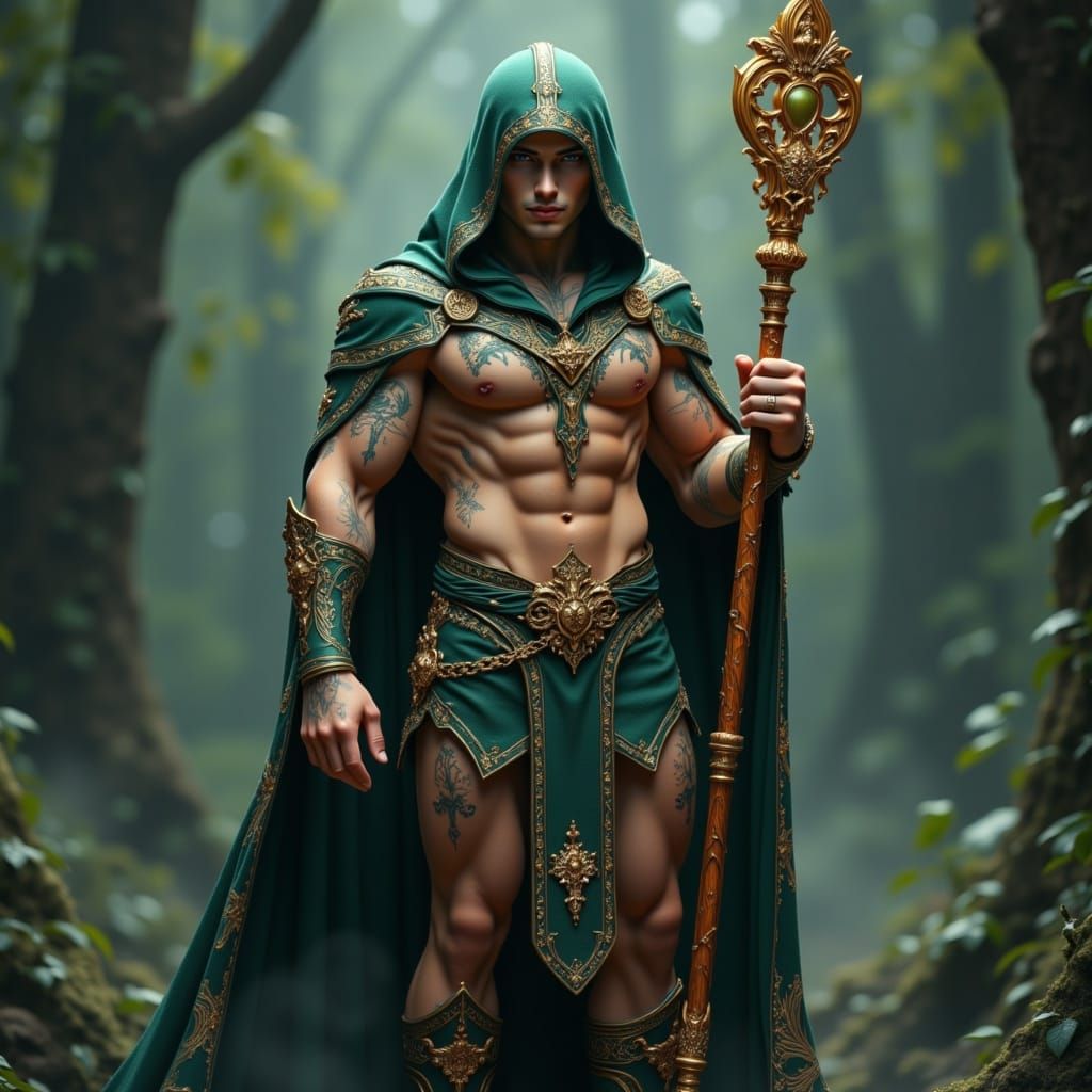 Imposing Sorcerer in Embroidered Cape with Magical Energy