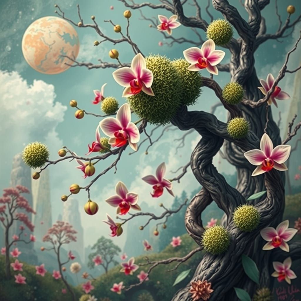 Exotic Orchids and Ball Moss in Abstract Landscape