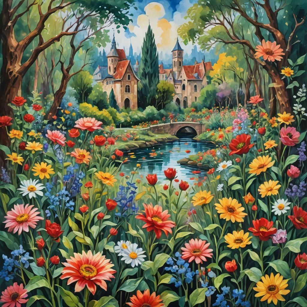 Gouache World: Beauty Amidst Strife, Impressionist Style