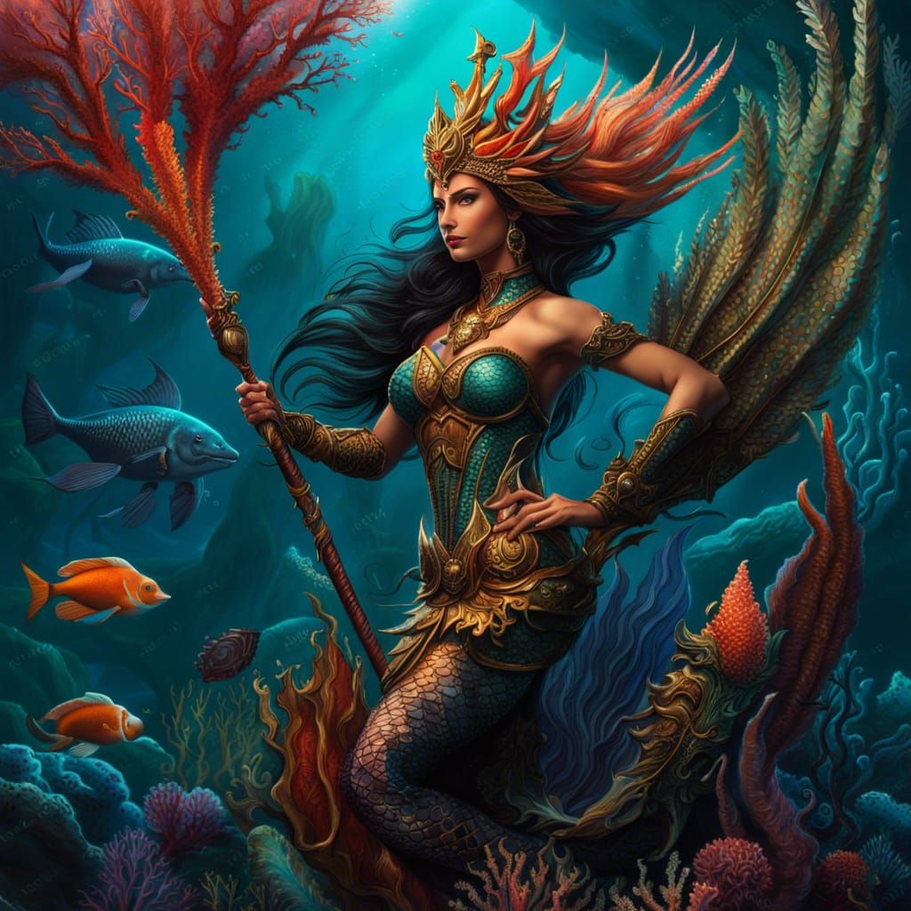 Mermaid Warrior with Trident in Fantasy Art