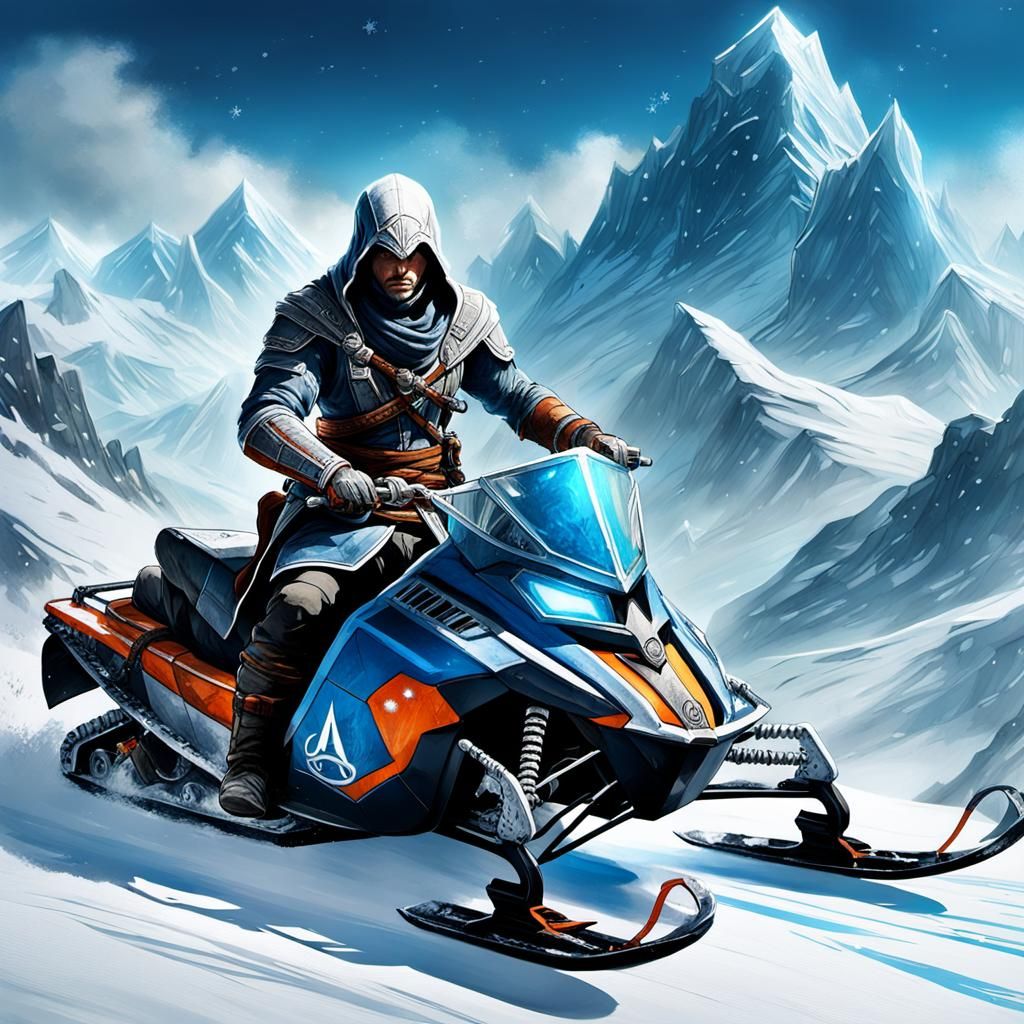Assassin's Creed Warrior on Snowmobile in Snowy Mountains