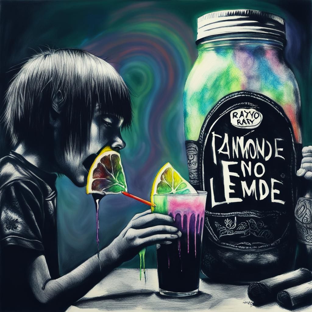 Gloomy Goth Teenager Drinking Lemonade: Surreal Crayon Art