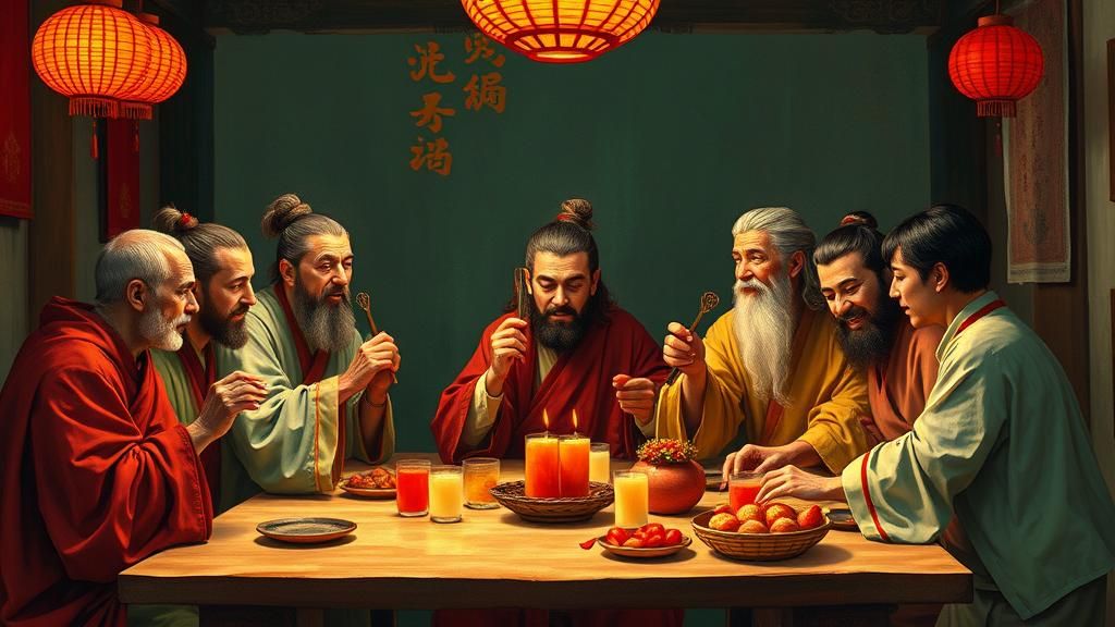Chinese Disciples at Supper: Red and Green Hues