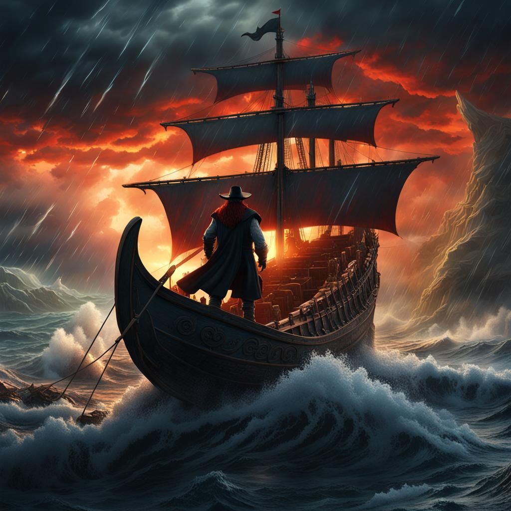 Stormy Sunset Voyage with Dragons: Fantasy Art