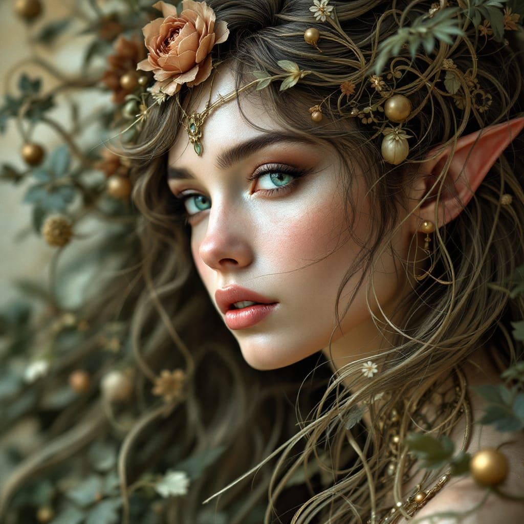 Art Nouveau Elven Woman Portrait with Floral Hair