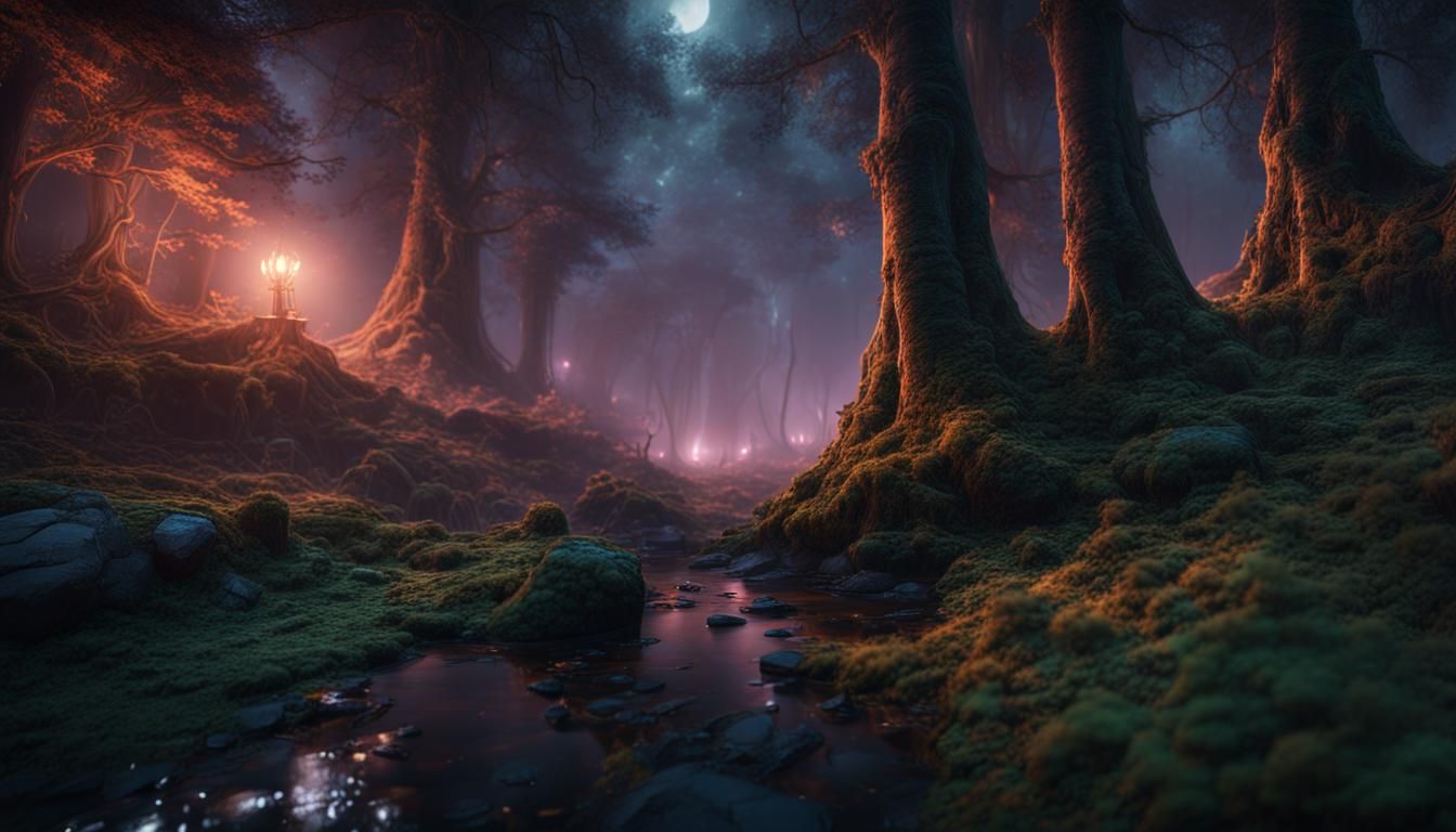 Blights in Forest at Night: Detailed Matte Painting