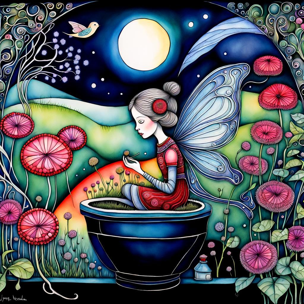 Whimsical Fairy on Cottage Windowsill in Surreal Folk Art